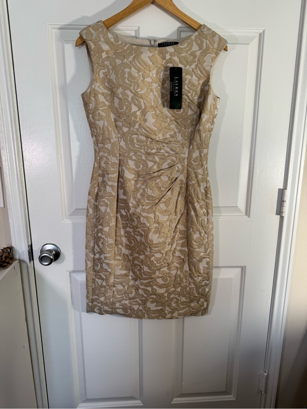 NWT Lauren Ralph Lauren Sand Fold Jacquard Brocade Sheath Dress | Wedding Guest